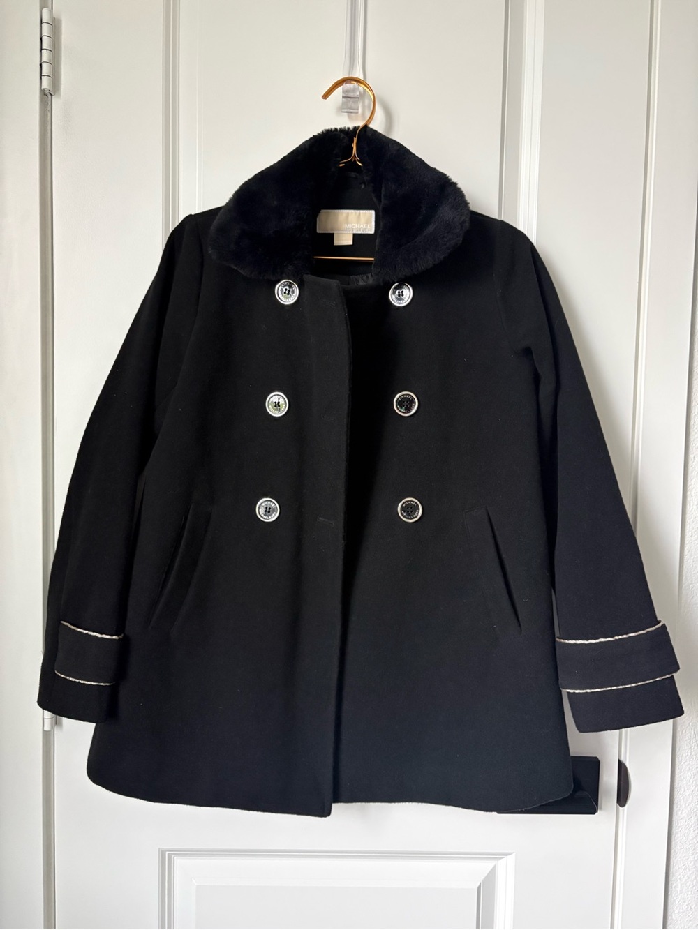 Michael Kors Girls Black Pea Coat Jacket with Faux Fur Collar, Size 14